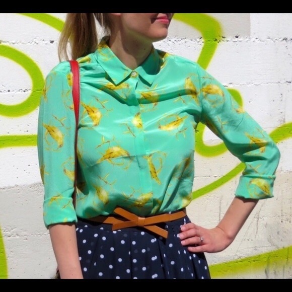 Anthropologie Tops - Leifsdottir Anthropologie Canary Silk Blouse Bird Green Aqua Yellow Shirt Top